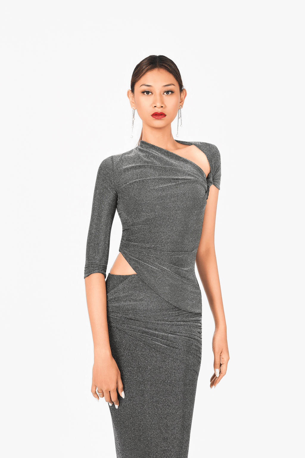 Asymmetric Short Sleeves Evening Dress