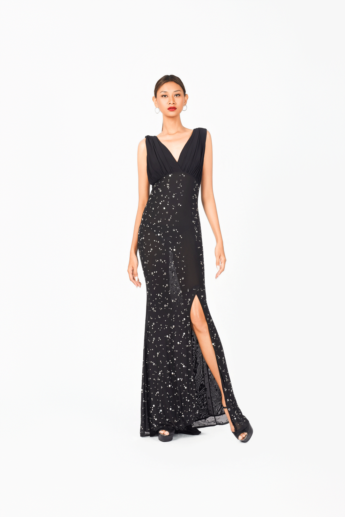 Sleeveless V-Neck Rainy Stone Evening Dress