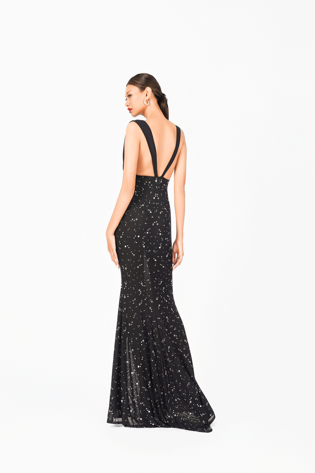 Sleeveless V-Neck Rainy Stone Evening Dress