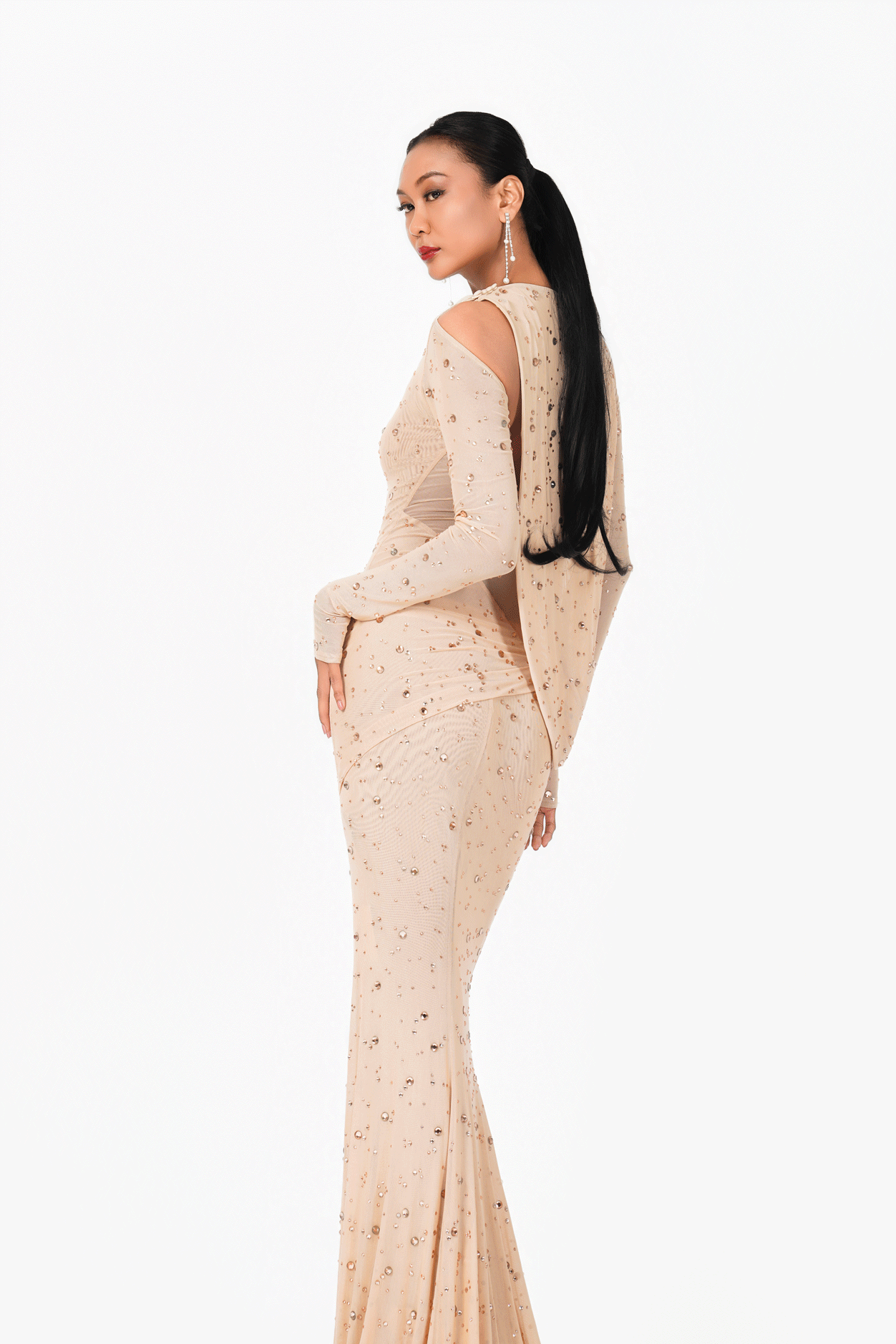 Long Sleeves Rainy Stone Evening Dress