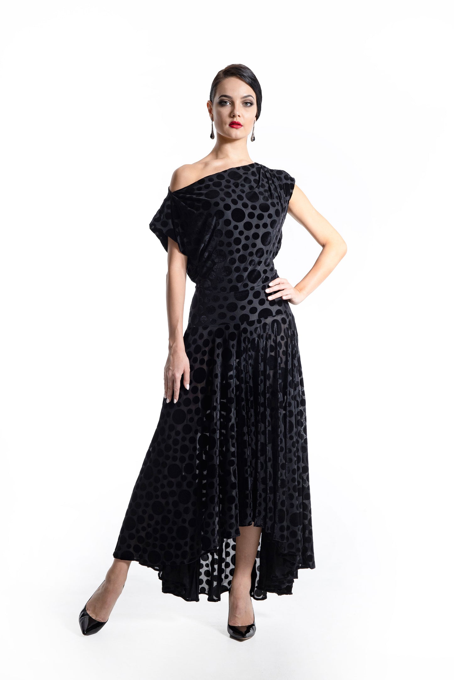 Boat Neck Polka Dot Long Dress