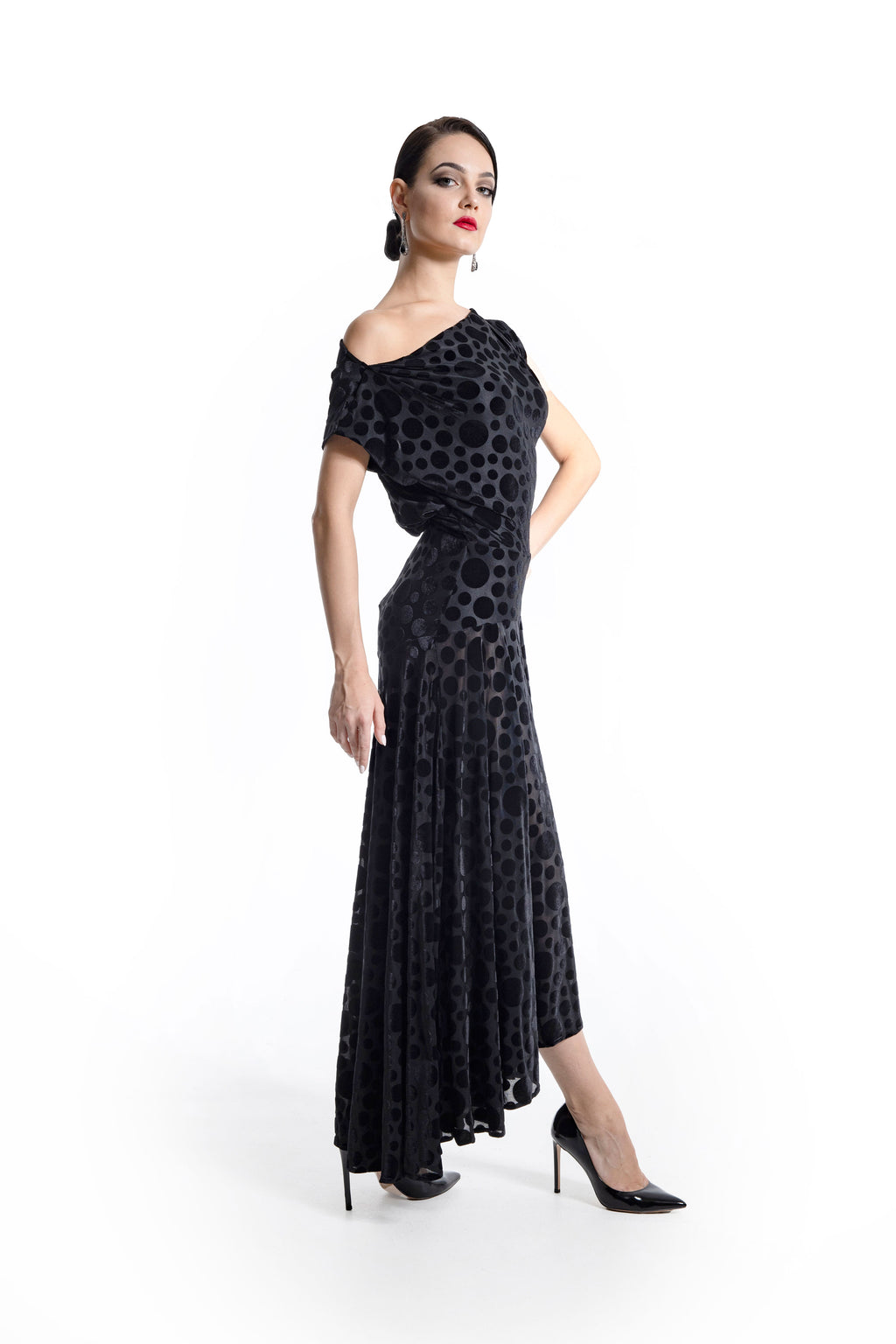 Boat Neck Polka Dot Long Dress