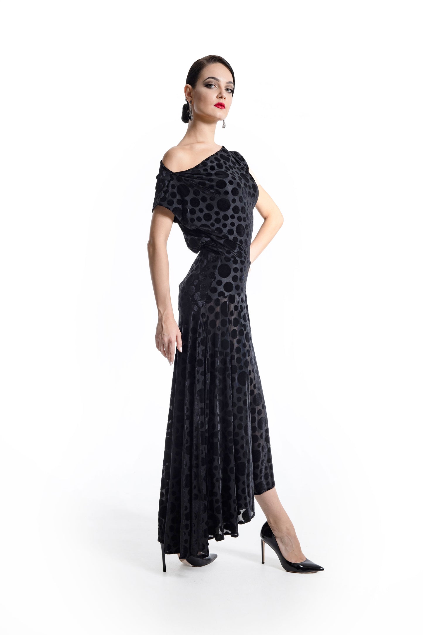 Boat Neck Polka Dot Long Dress