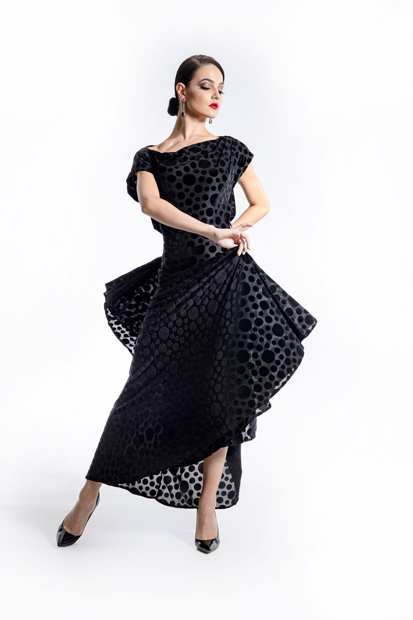 Boat Neck Polka Dot Long Dress