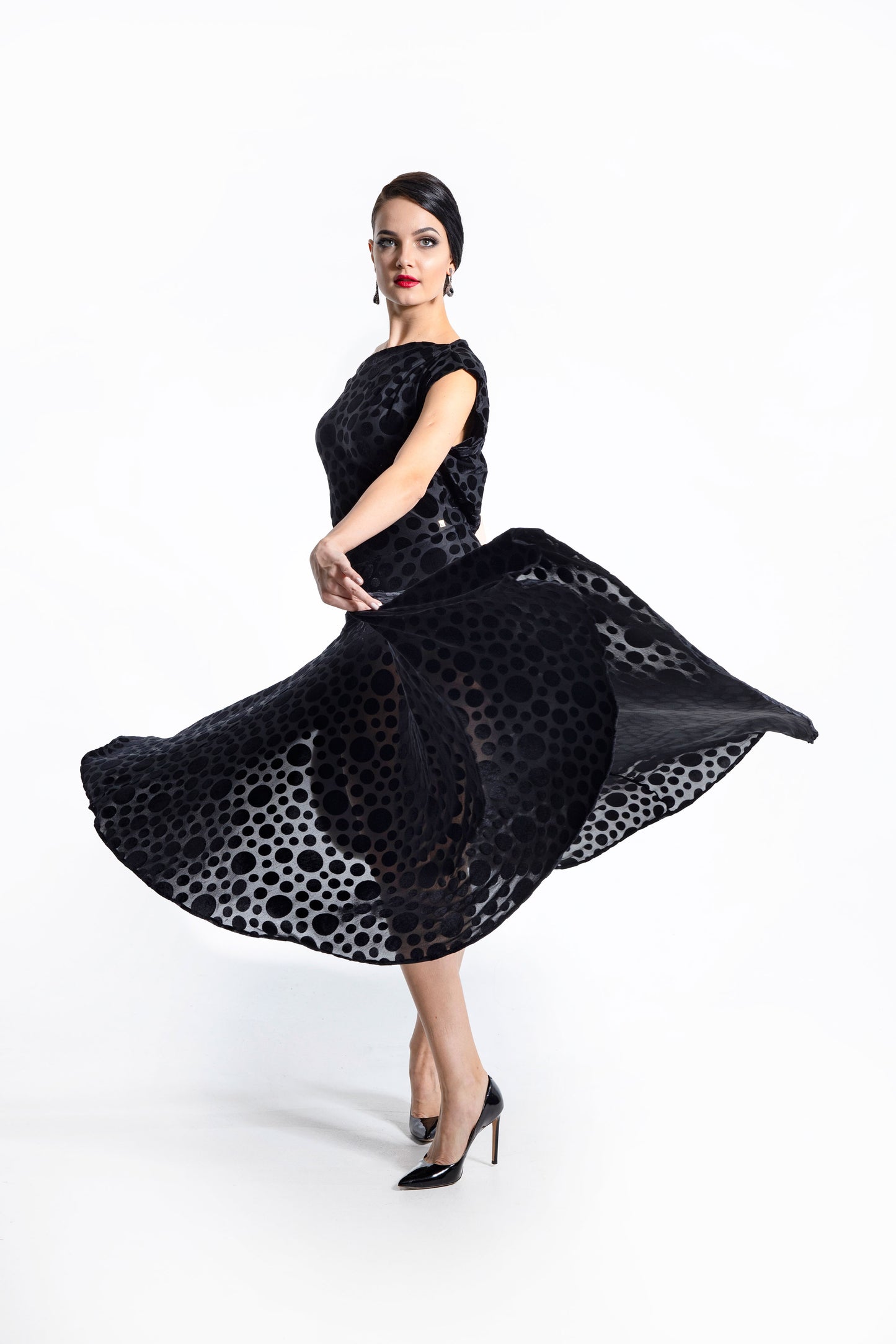 Boat Neck Polka Dot Long Dress