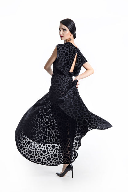 Boat Neck Polka Dot Long Dress