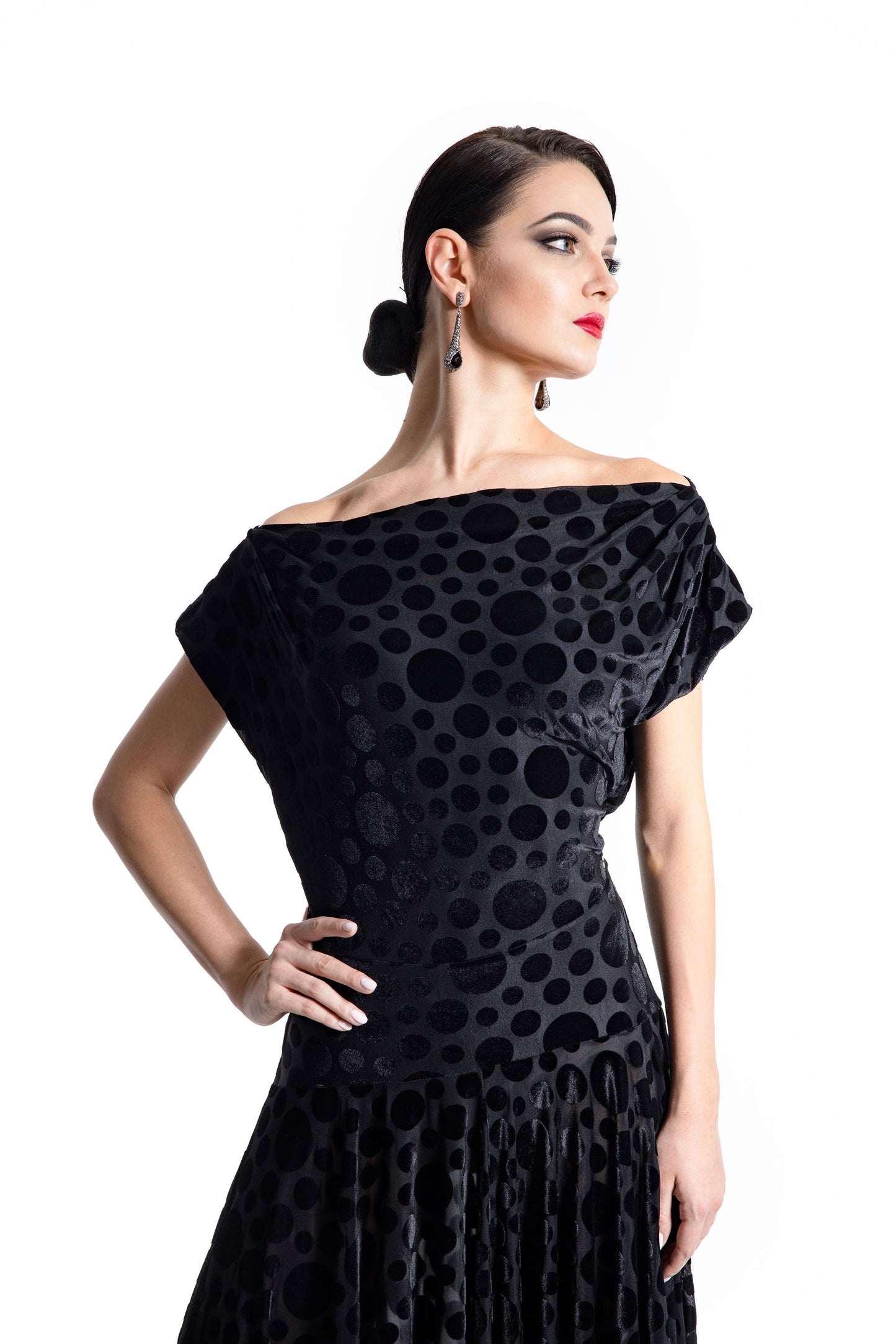 Boat Neck Polka Dot Long Dress