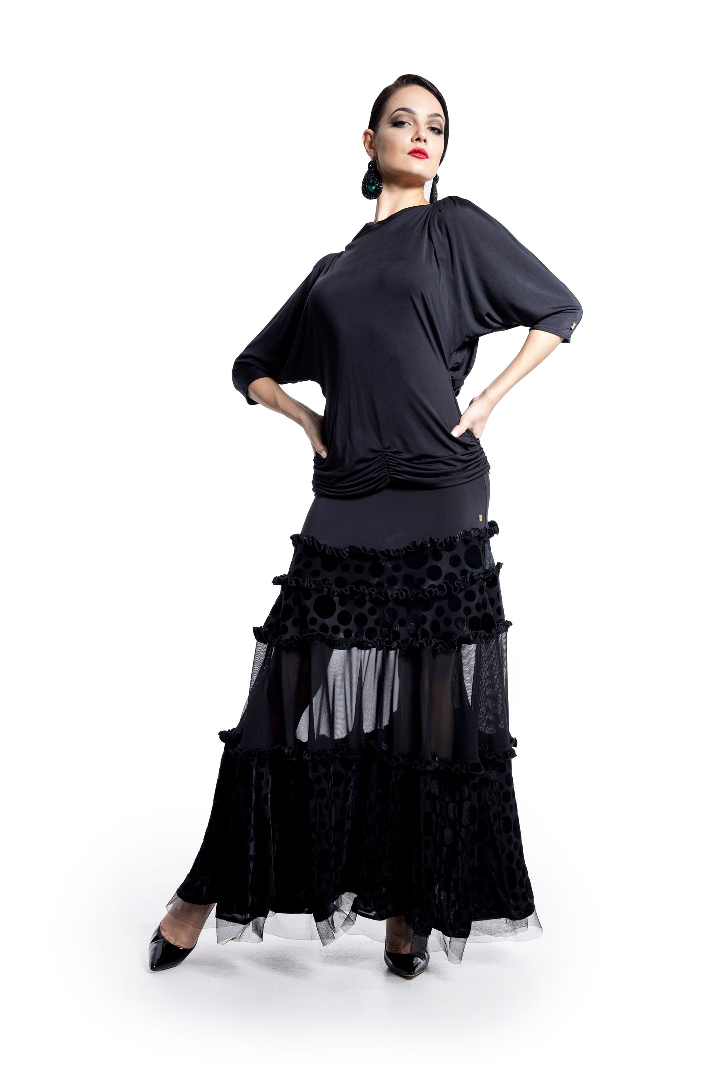 Polka Dot and Mesh Layers Long Skirt