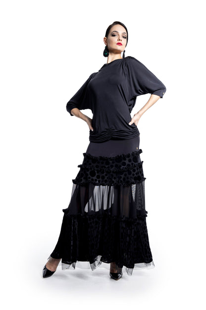 Polka Dot and Mesh Layers Long Skirt