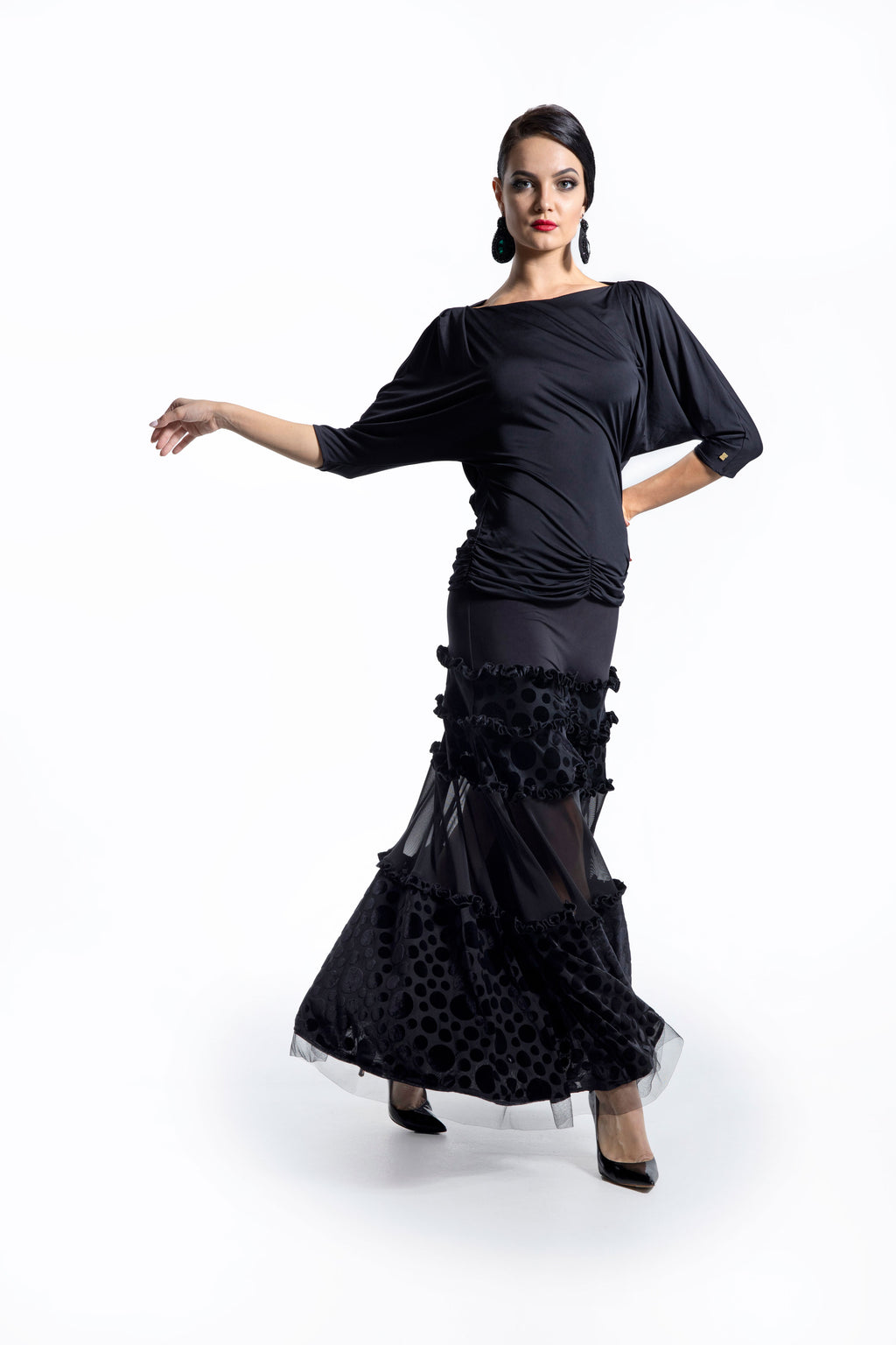 Polka Dot and Mesh Layers Long Skirt