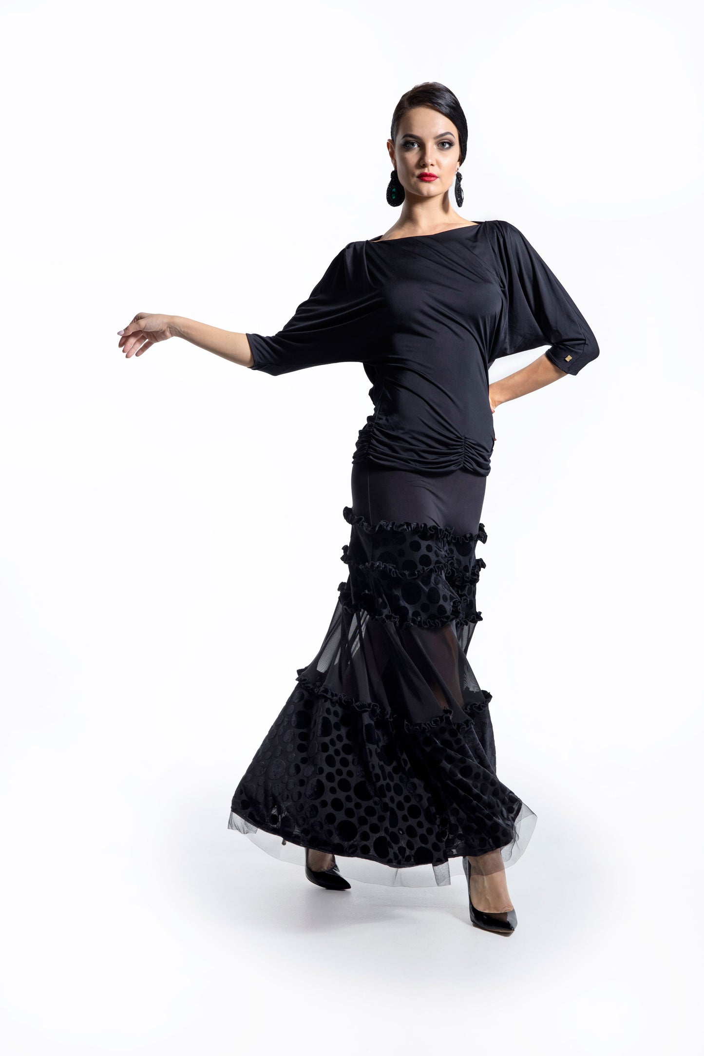 Polka Dot and Mesh Layers Long Skirt