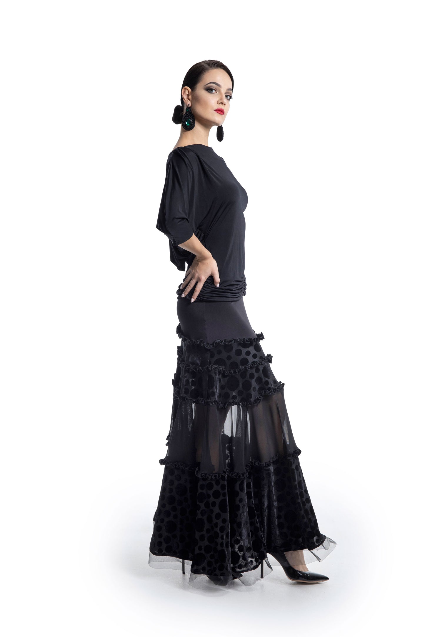 Polka Dot and Mesh Layers Long Skirt