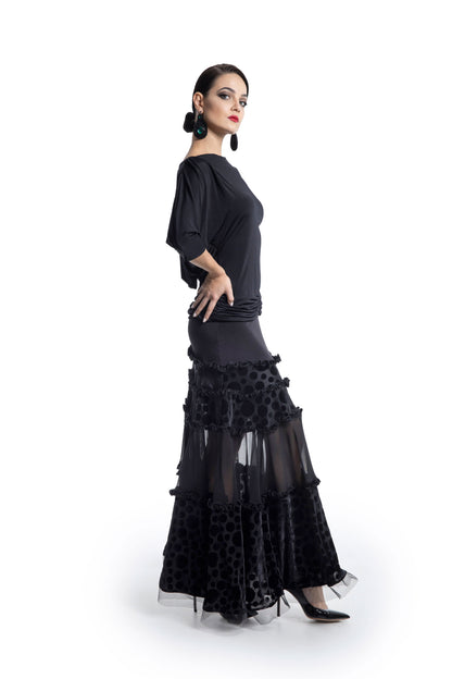 Polka Dot and Mesh Layers Long Skirt