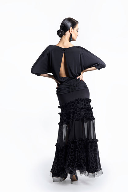 Polka Dot and Mesh Layers Long Skirt