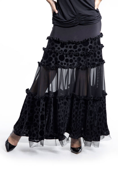 Polka Dot and Mesh Layers Long Skirt