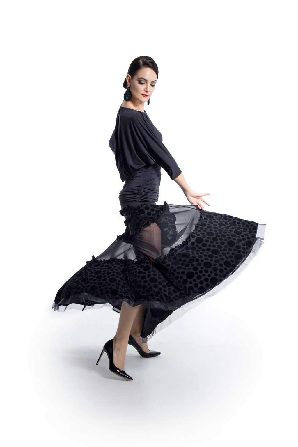 Polka Dot and Mesh Layers Long Skirt
