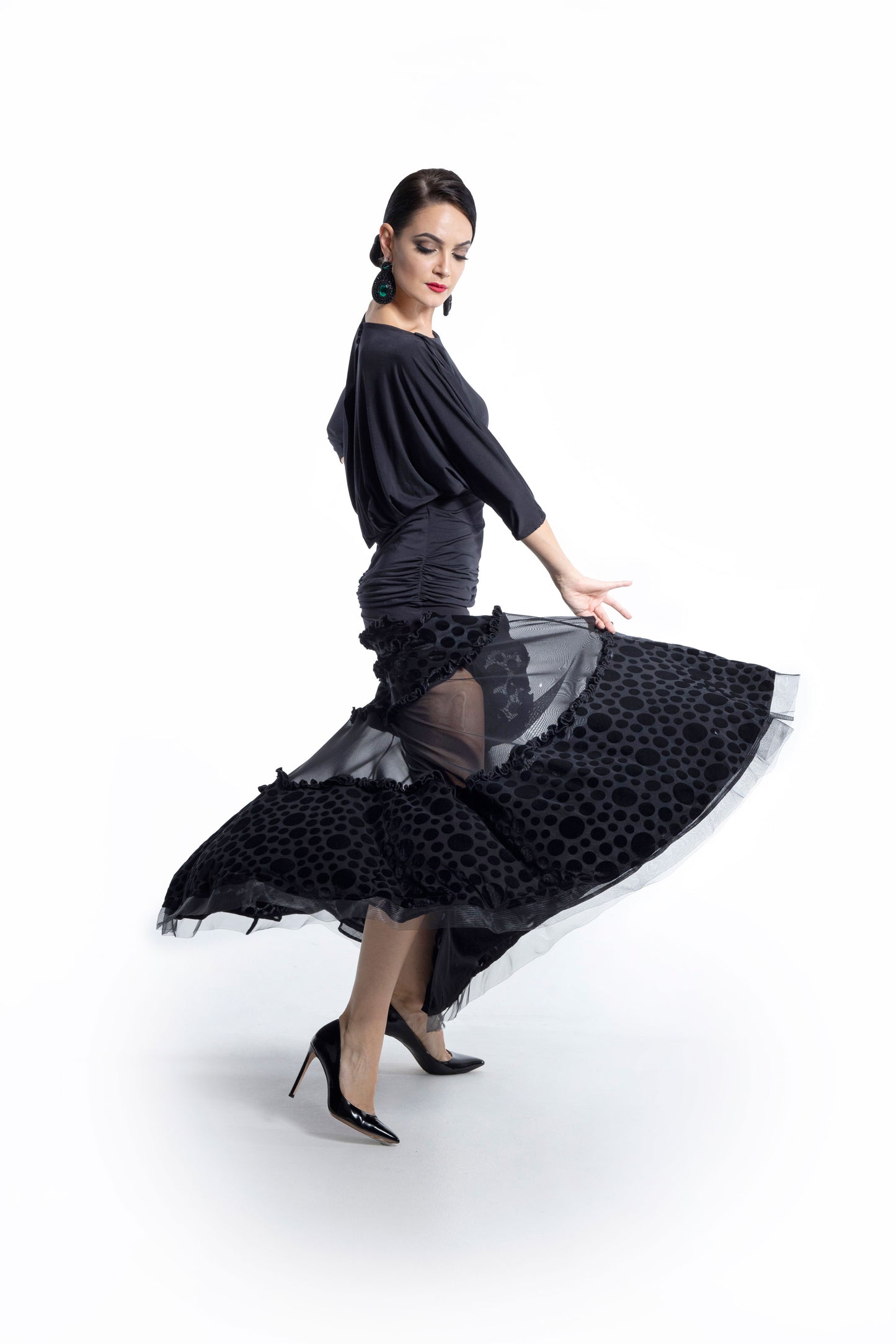 Polka Dot and Mesh Layers Long Skirt