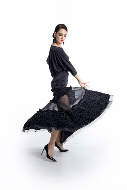 Polka Dot and Mesh Layers Long Skirt