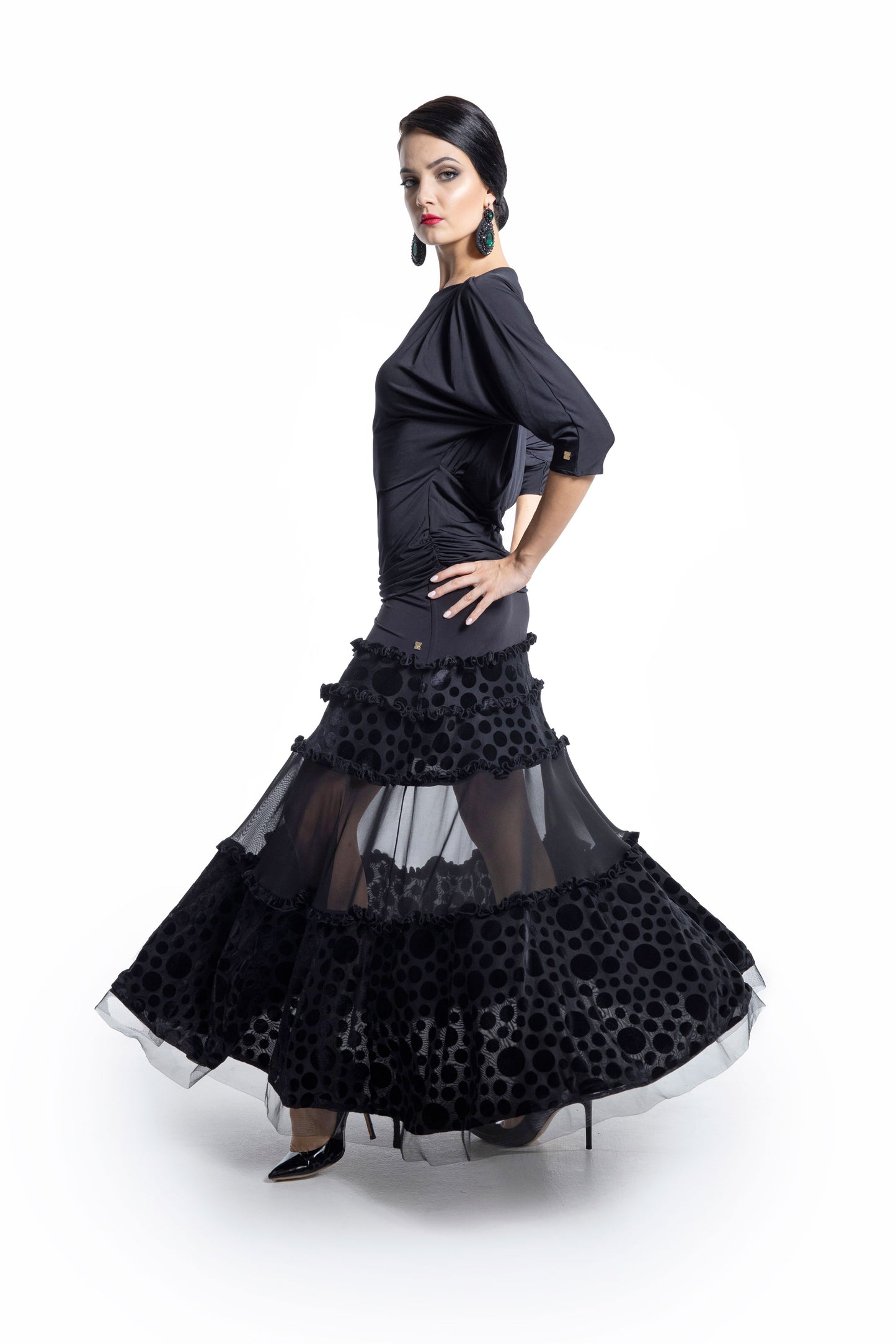 Polka Dot and Mesh Layers Long Skirt