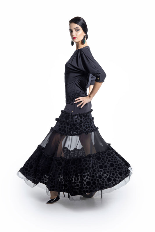 Polka Dot and Mesh Layers Long Skirt