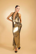 Deep-V Shinning Evening Dress with Floral Detail