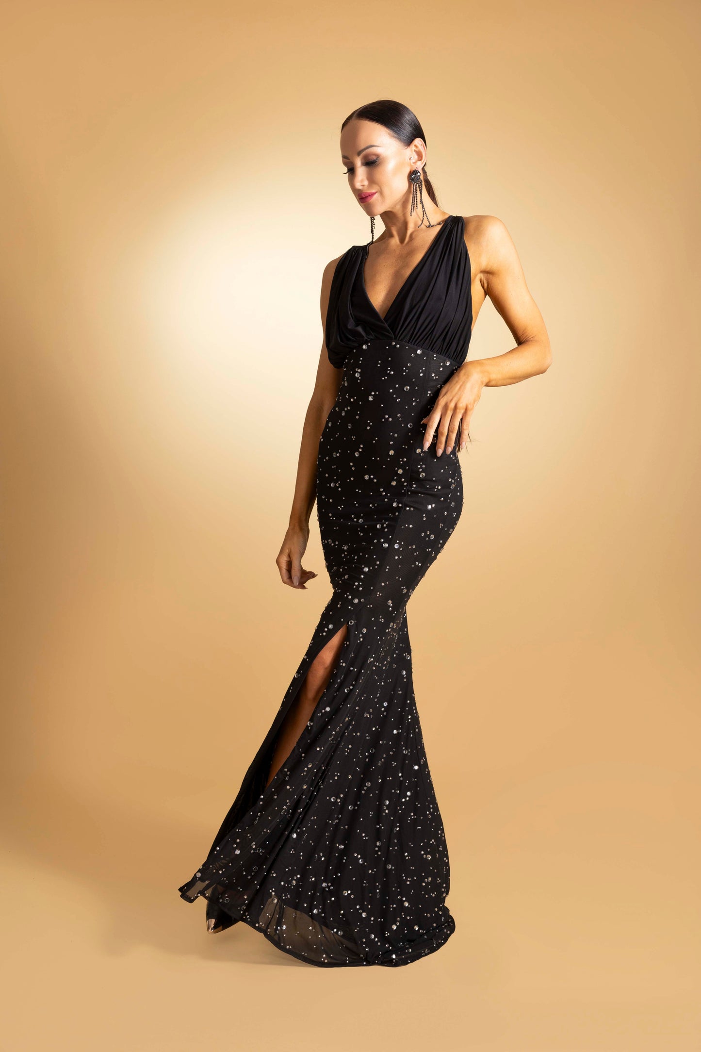 Sleeveless V-Neck Rainy Stone Evening Dress