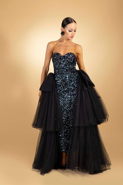 Shimmer Evening Dress with Mesh Ruffles Details