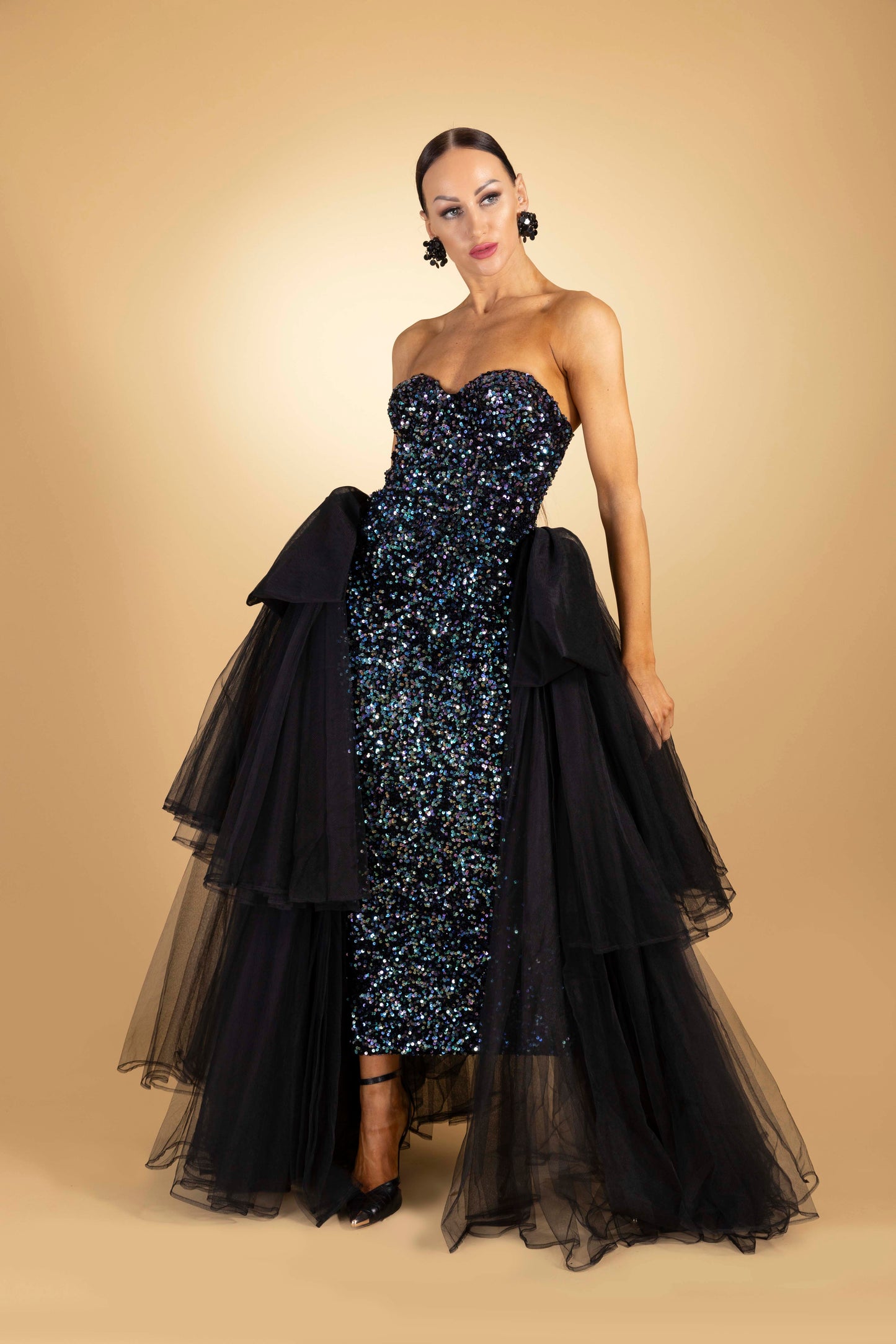 Shimmer Evening Dress with Mesh Ruffles Details