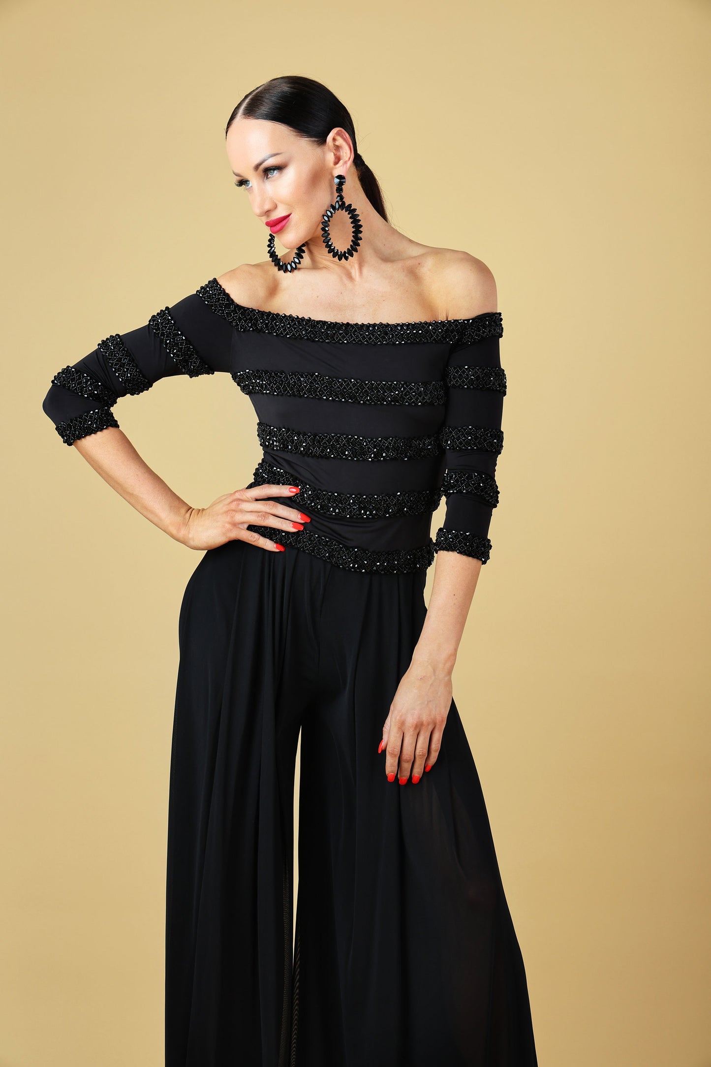 Off Shoulder Beaded Long Sleeves Top