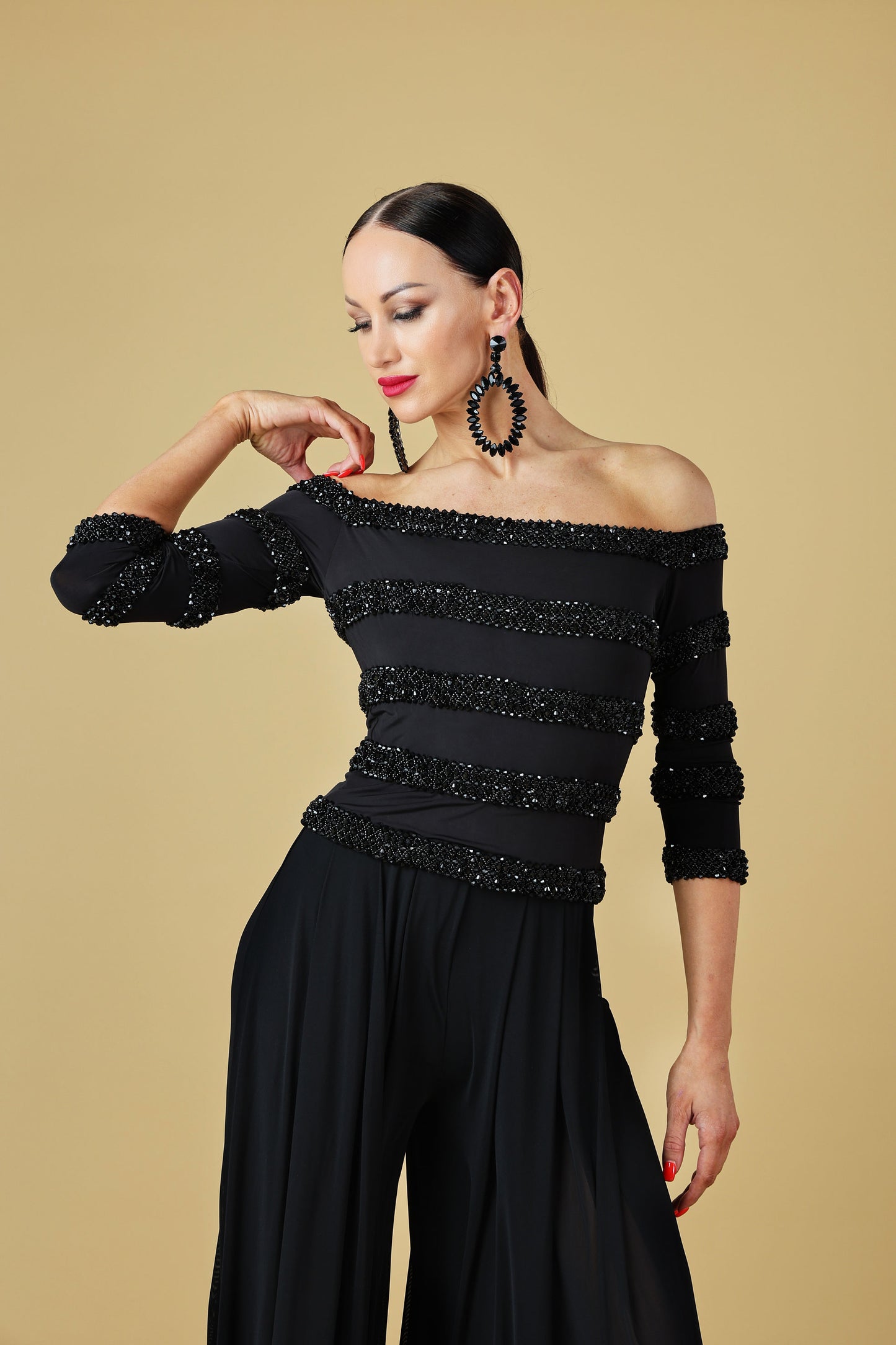 Off Shoulder Beaded Long Sleeves Top