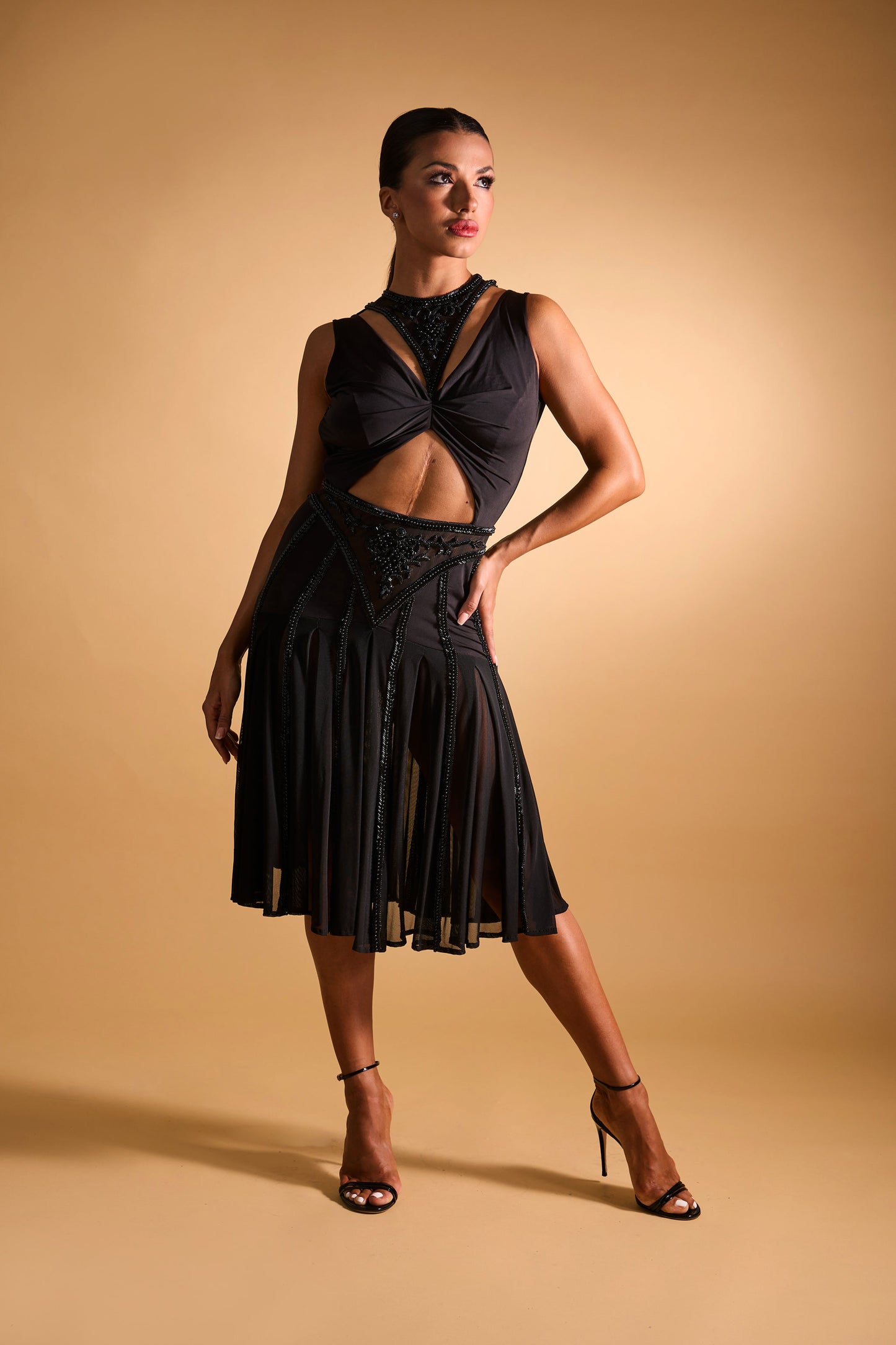 Beaded Cut-out Sleeveless Cocktail Dress