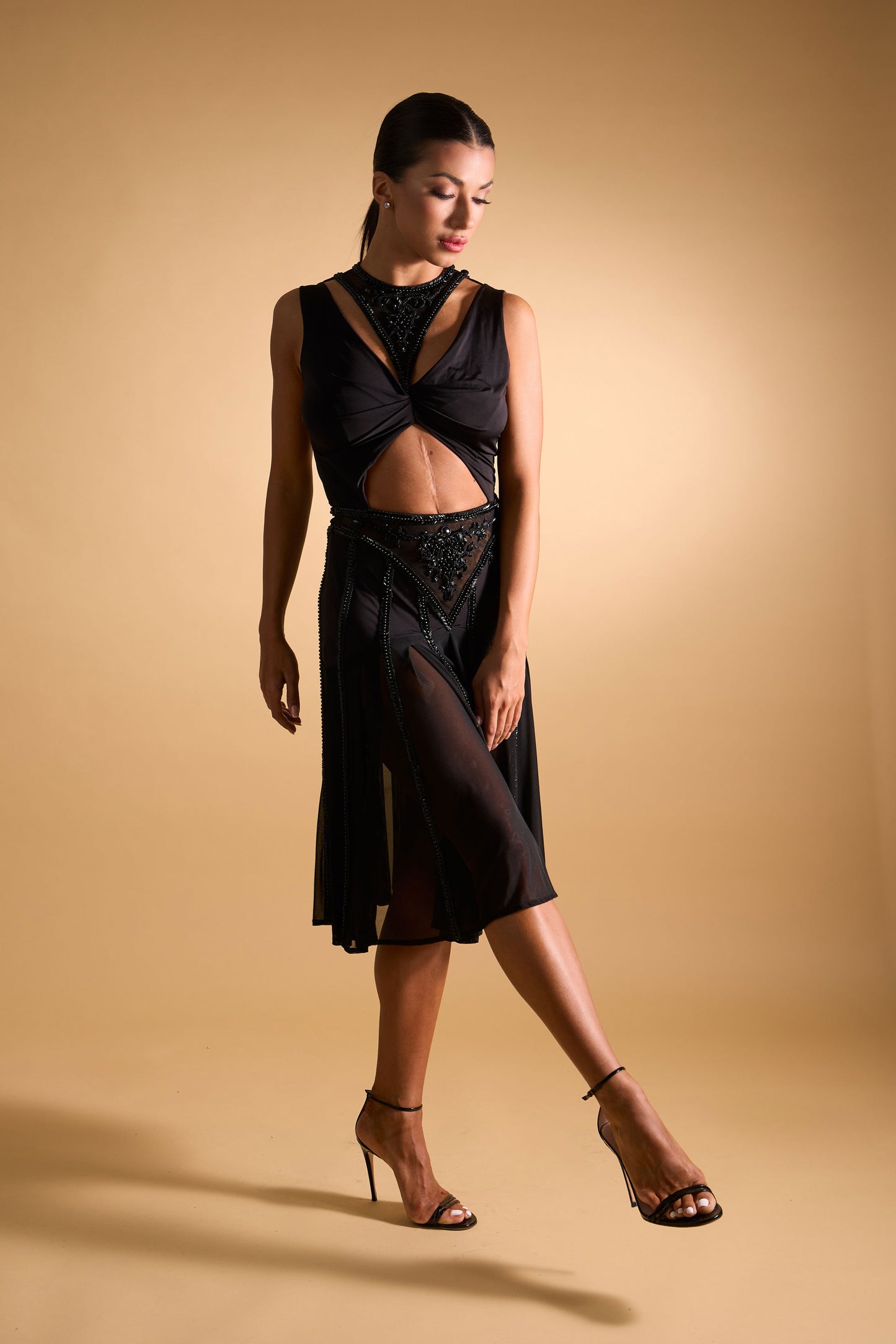 Beaded Cut-out Sleeveless Cocktail Dress