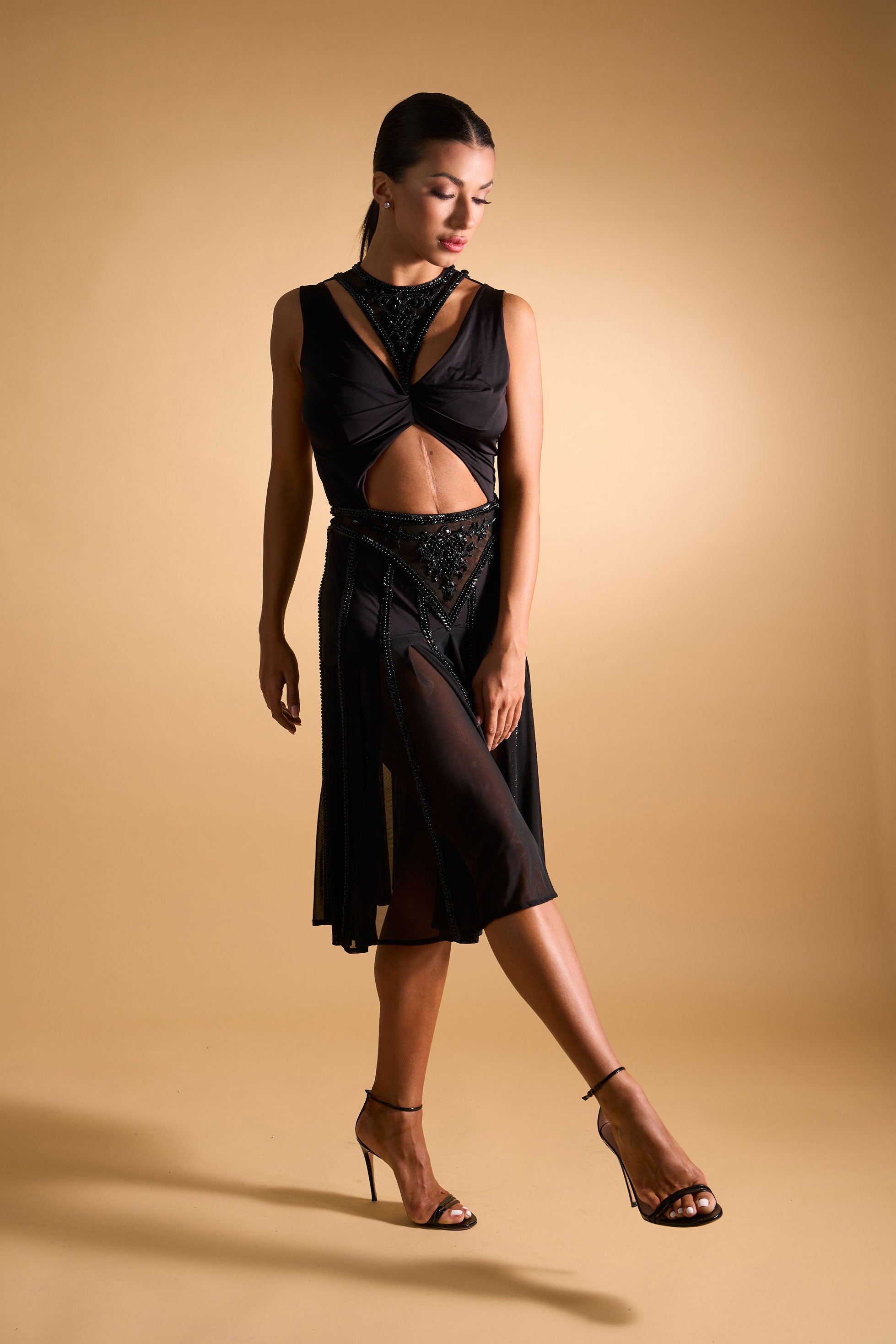 Beaded Cut-out Sleeveless Cocktail Dress