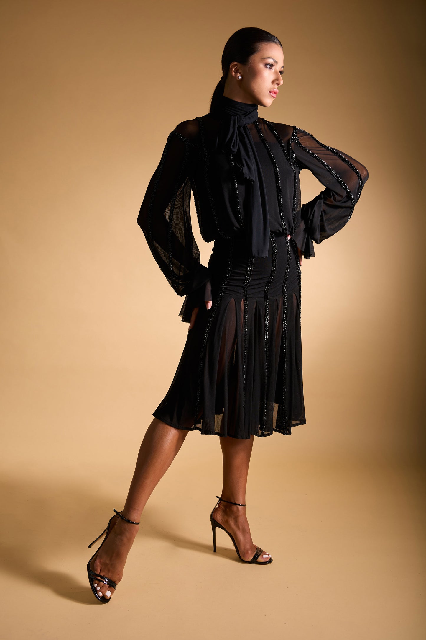 Beaded See-through Long Sleeves Cocktail Dress