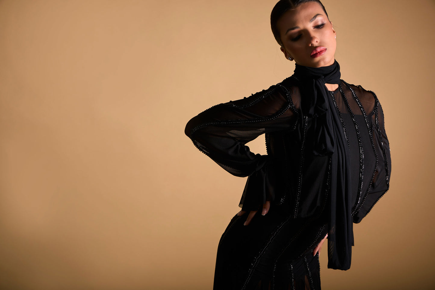 Beaded See-through Long Sleeves Cocktail Dress