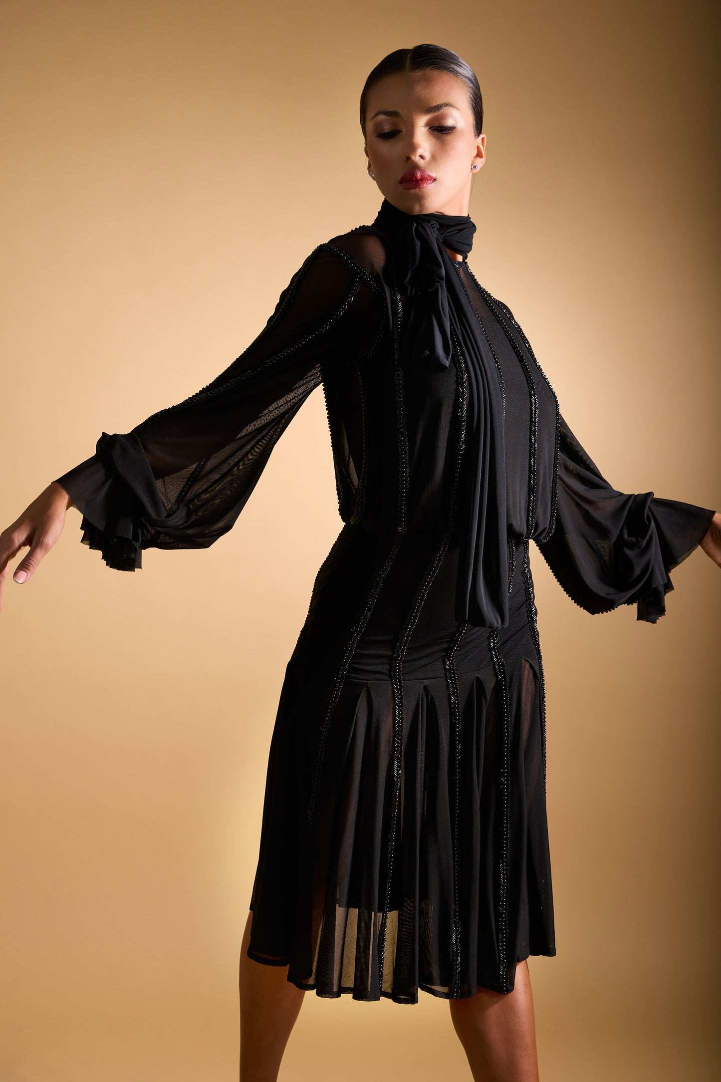 Beaded See-through Long Sleeves Cocktail Dress