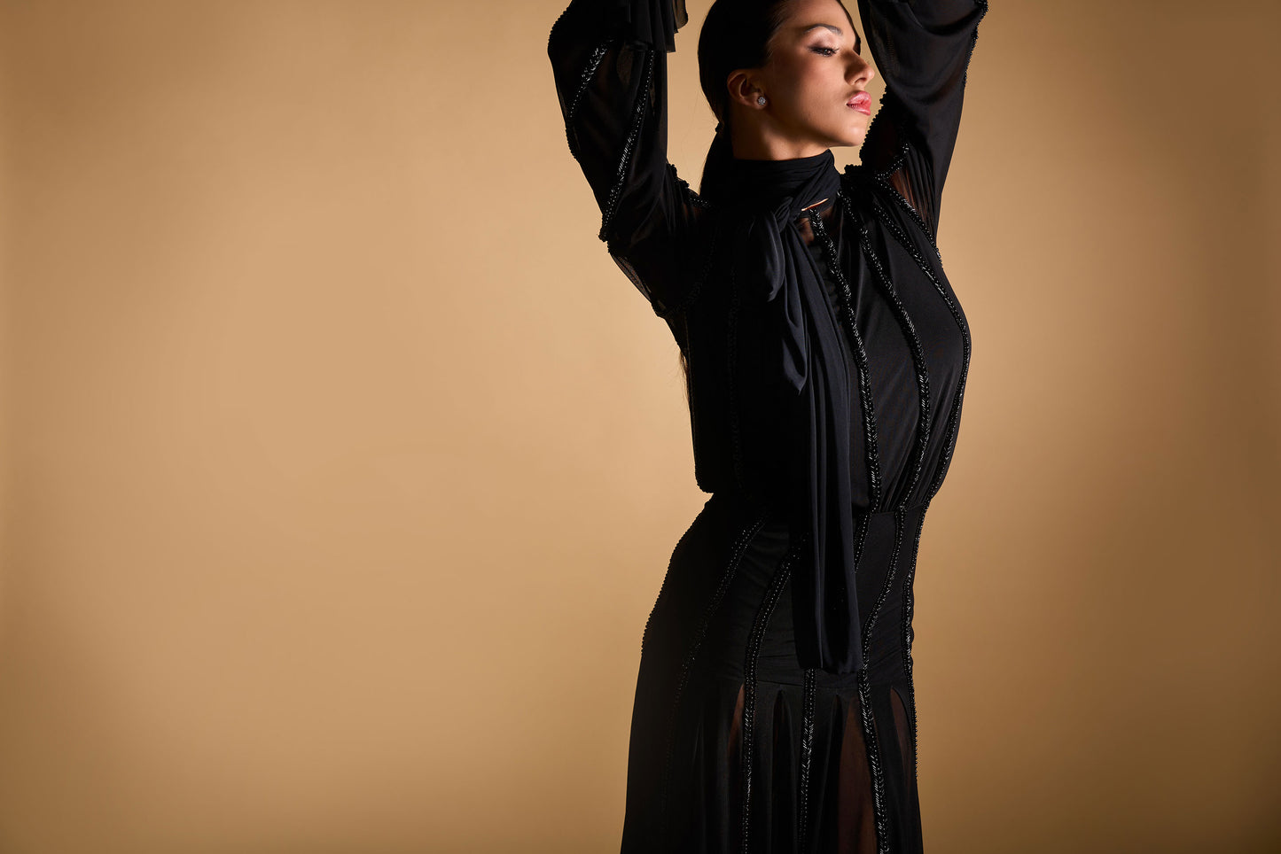 Beaded See-through Long Sleeves Cocktail Dress