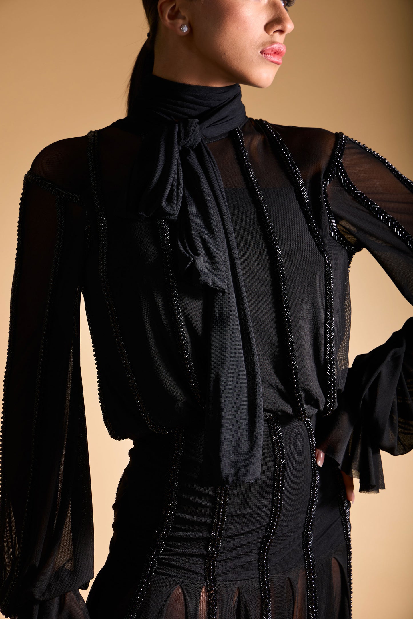 Beaded See-through Long Sleeves Cocktail Dress