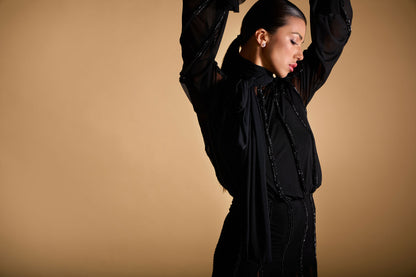 Beaded See-through Long Sleeves Cocktail Dress