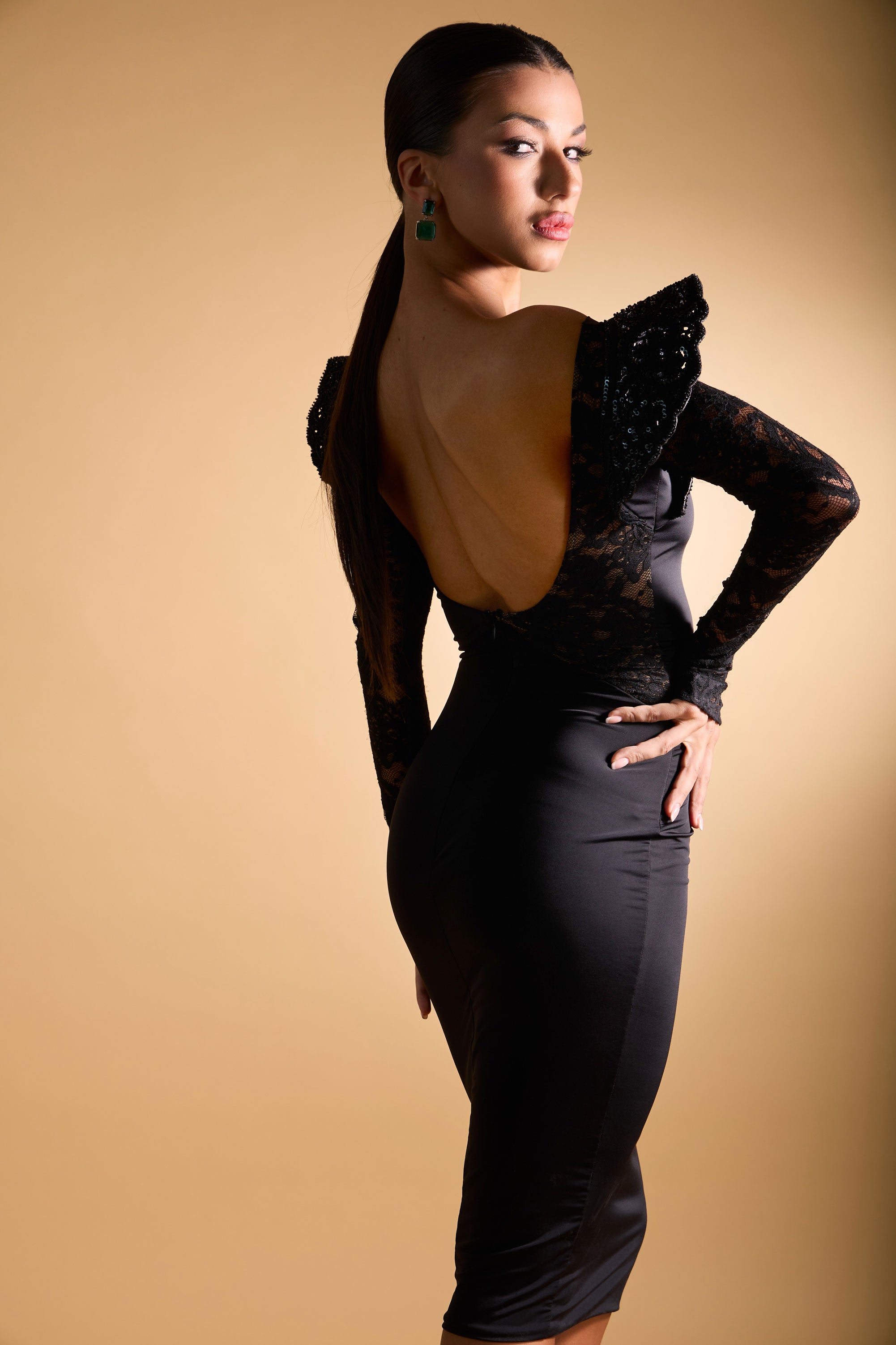 Asymmetric Long Lace Sleeves Cocktail Dress