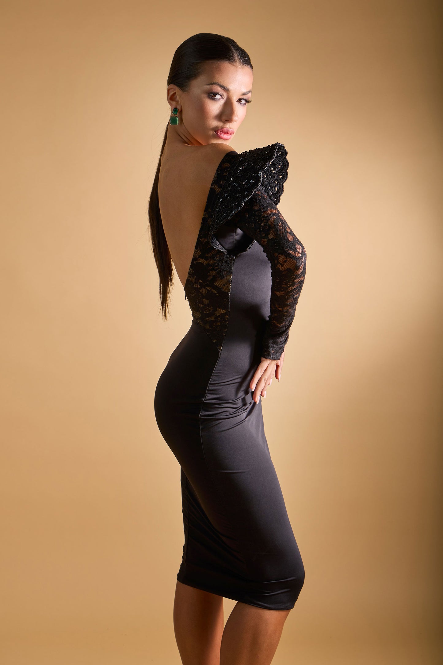 Asymmetric Long Lace Sleeves Cocktail Dress