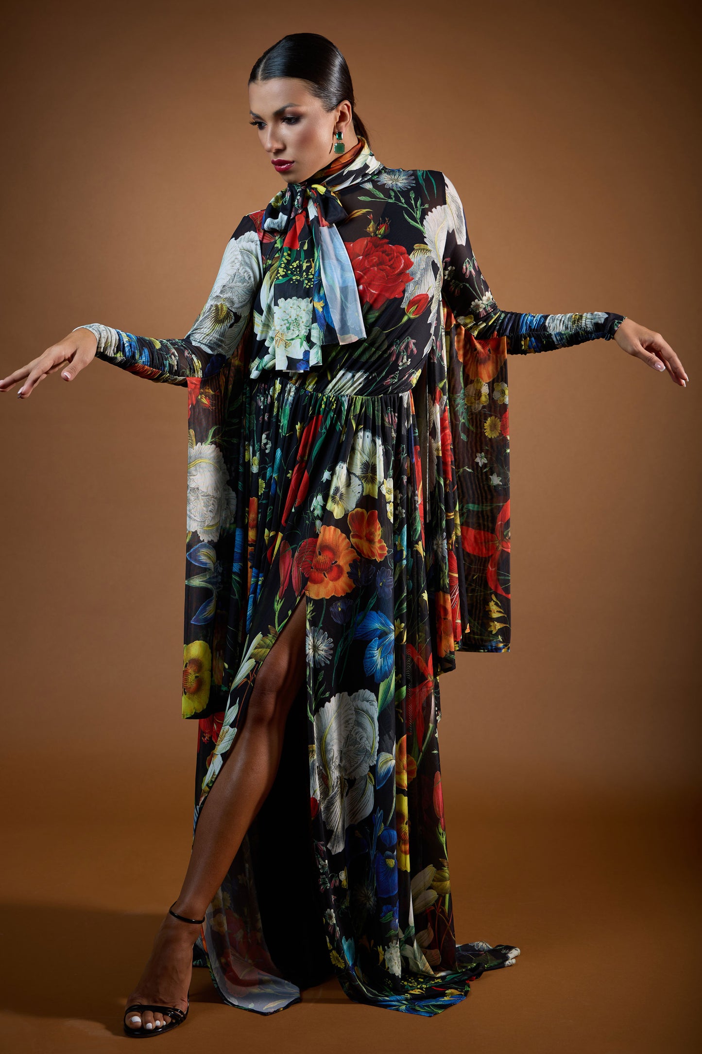 Turtle Neck Long Sleeves Draped Evening Dress