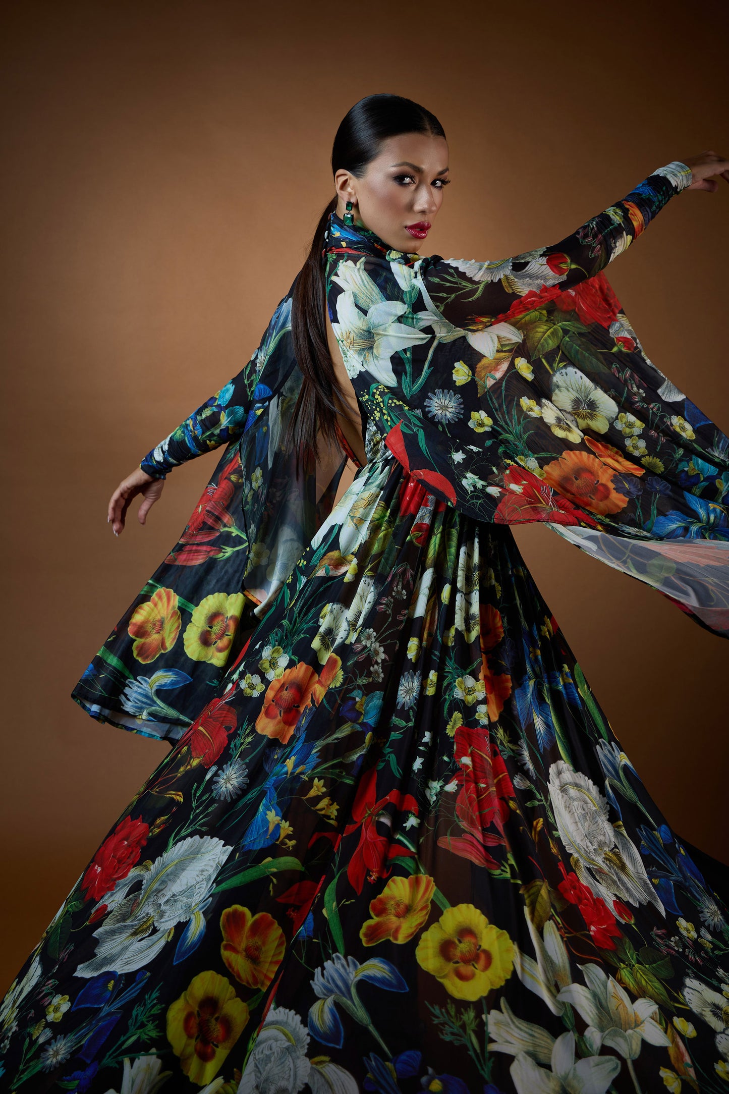 Turtle Neck Long Sleeves Draped Evening Dress