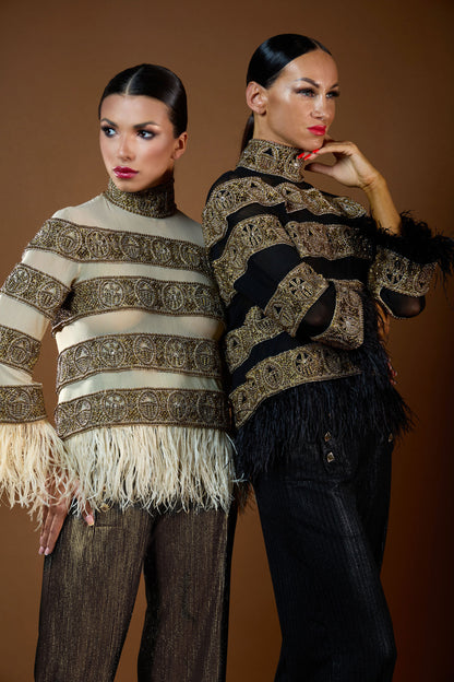 Heavy Beaded Sheer Top with Feather