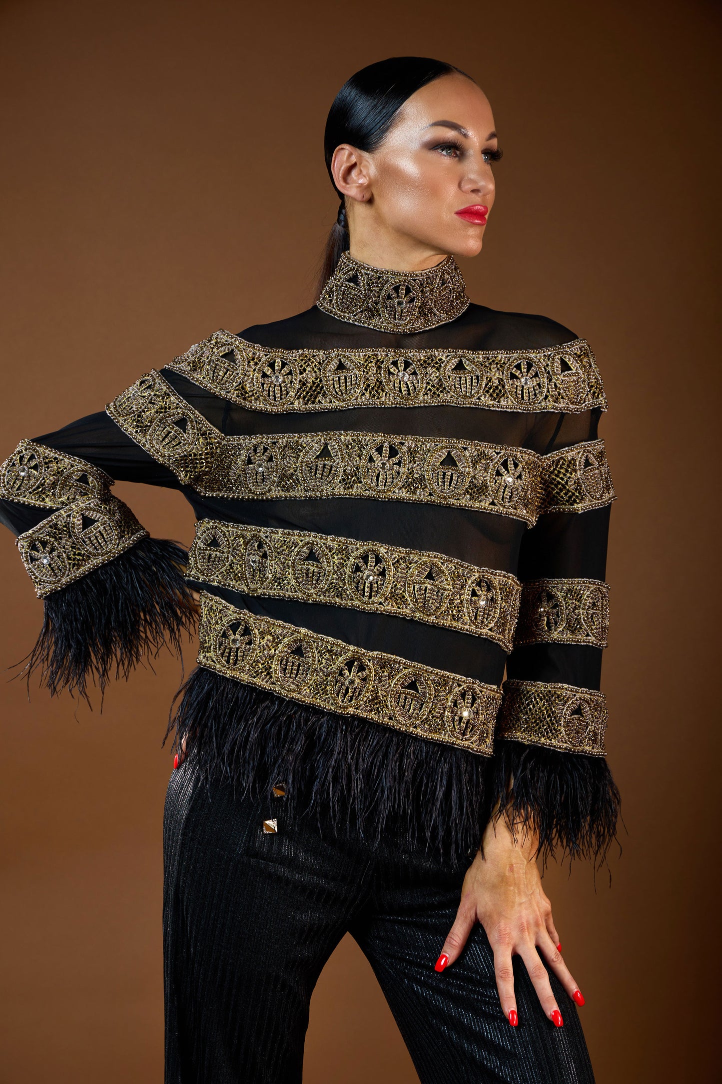 Heavy Beaded Sheer Top with Feather