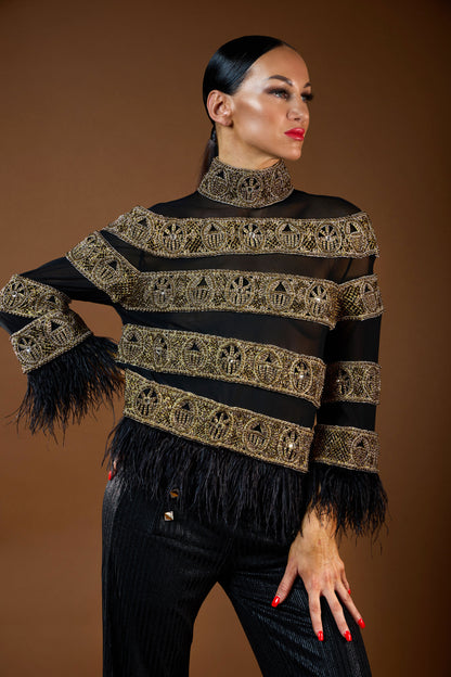 Heavy Beaded Sheer Top with Feather