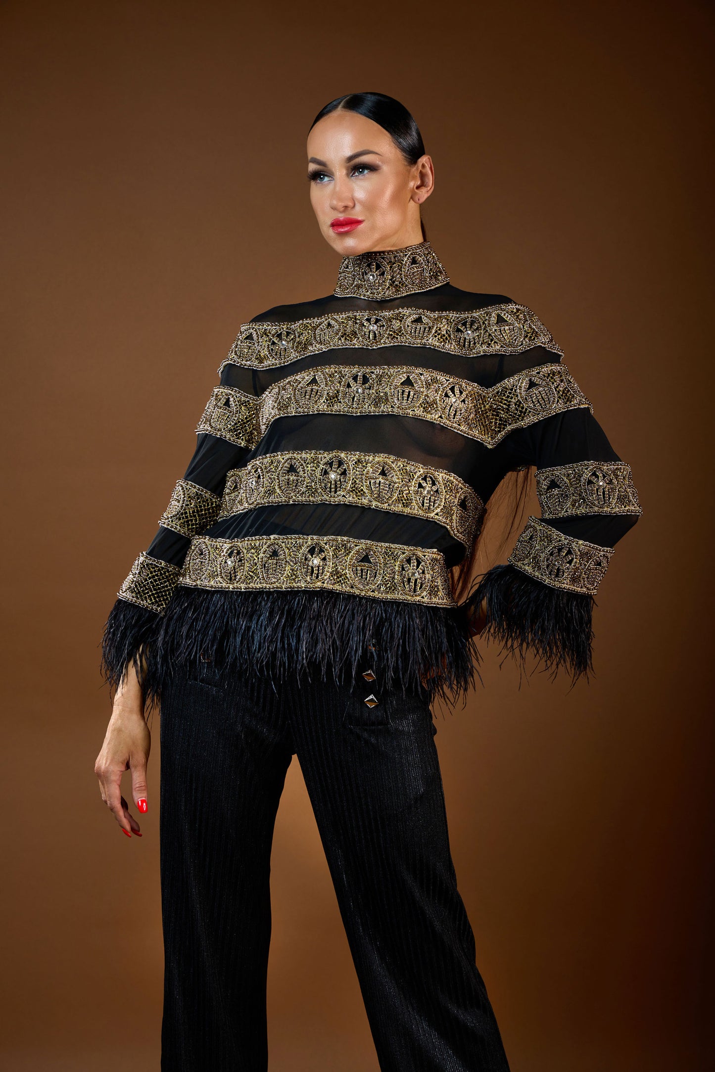 Heavy Beaded Sheer Top with Feather