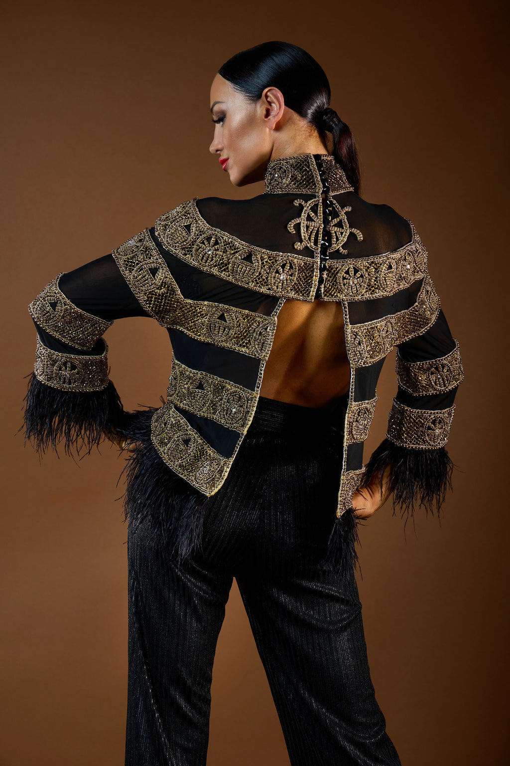 Heavy Beaded Sheer Top with Feather
