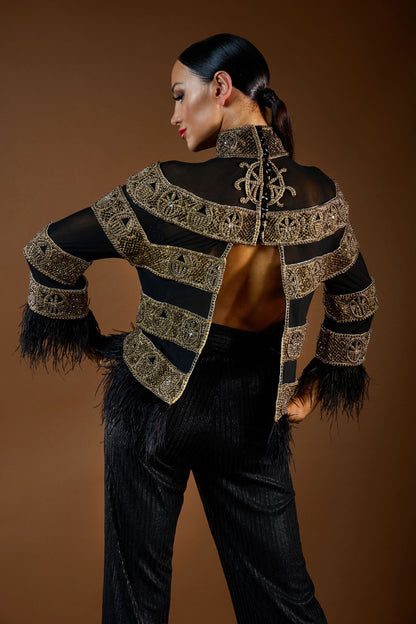 Heavy Beaded Sheer Top with Feather