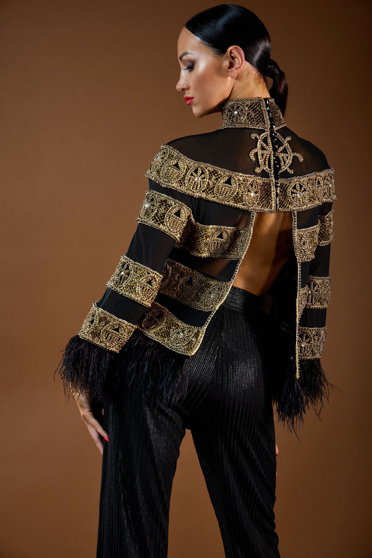 Heavy Beaded Sheer Top with Feather